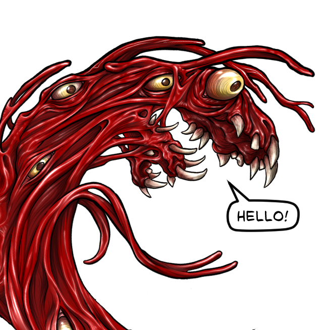 The blood creature from Visceral Revolt Disquisition 1 saying "Hello!"