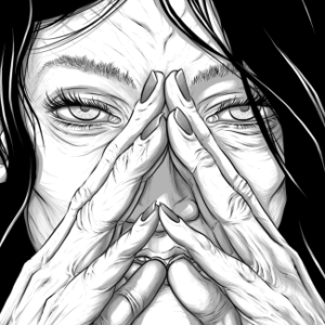 A monochrome comic panel showing a woman with dark hair gazing over steepled hands.
