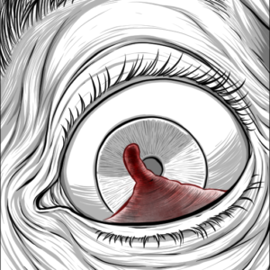 A comic panel showing something red and sinister reflected in a monochrome eye.