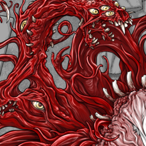 a comic panel showing a red, goopy monster with many eyes and tendrils erupting out of someone's chest.